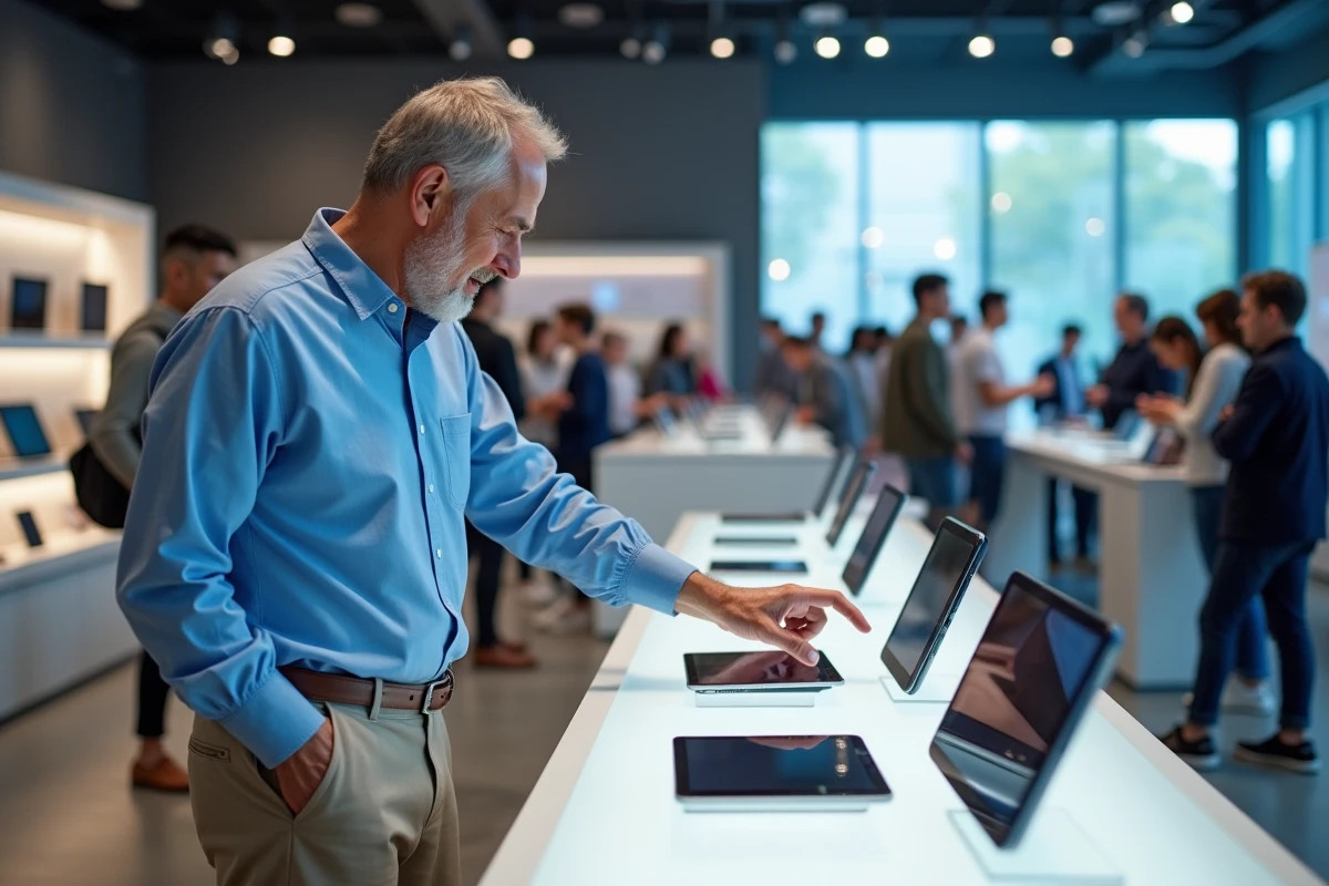 Homme regardant des tablettes Samsung en magasin