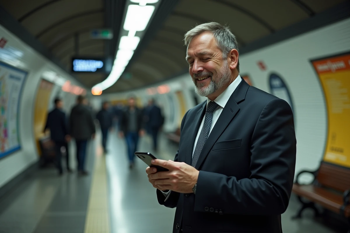 Homme d affaires avec smartphone dans une station metro