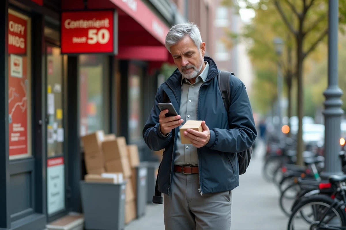 Homme recherchant un point de retrait Chronopost en ville