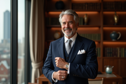 Homme élégant en costume dans une bibliothèque raffinée