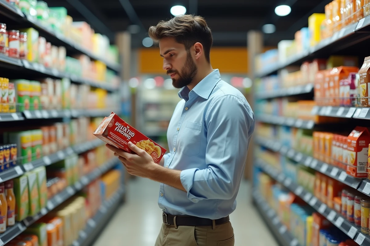Jeune homme examine étiquette dans supermarche