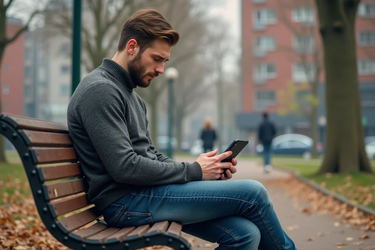 Jeune homme assis sur un banc de parc en ville