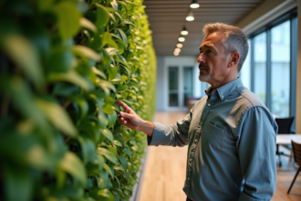 Homme inspectant des feuilles jaunies sur un mur végétal intérieur