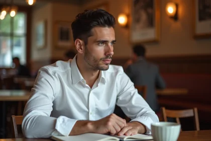 Homme Vierge pensif attablé dans un café parisien avec un journal ouvert, regard introspectif et attitude réservée