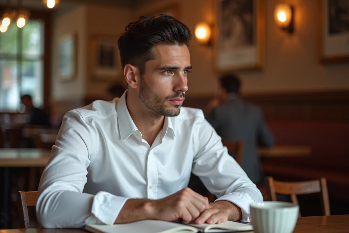 Homme Vierge pensif attablé dans un café parisien avec un journal ouvert, regard introspectif et attitude réservée