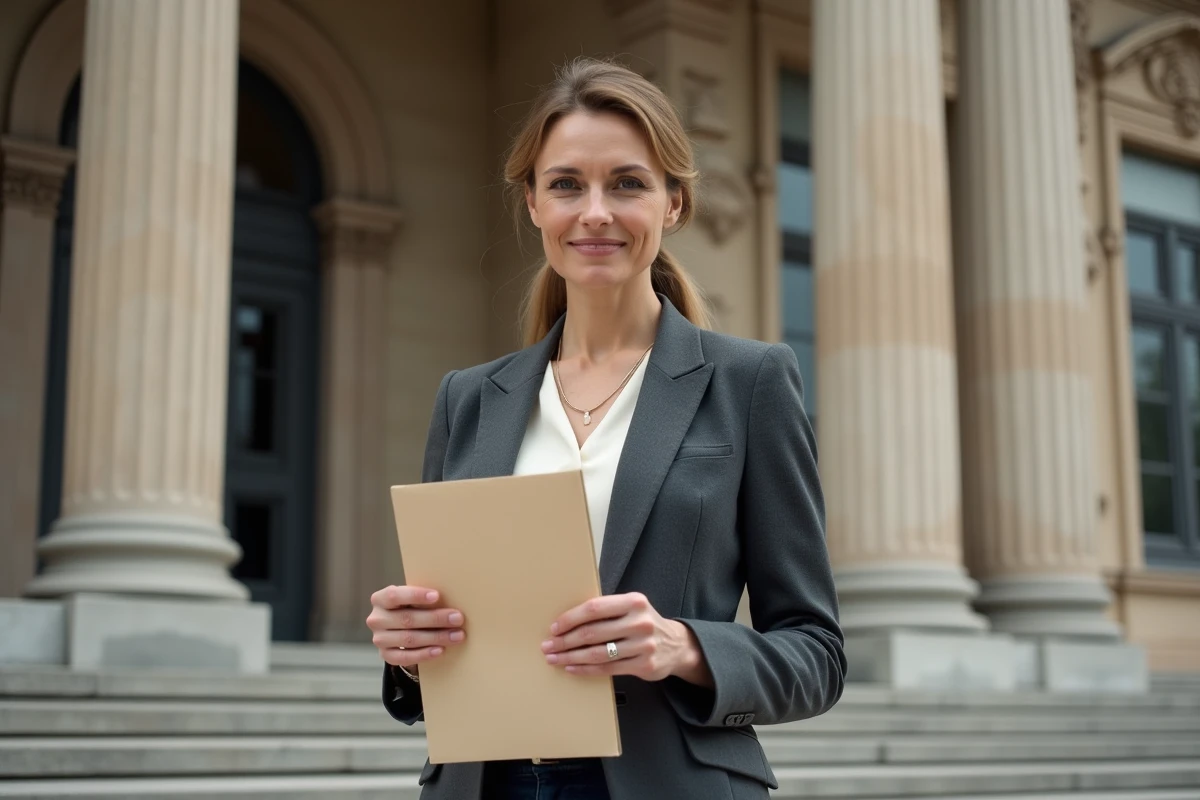 Huissier de justice tenant un document officiel devant le palais de justice français