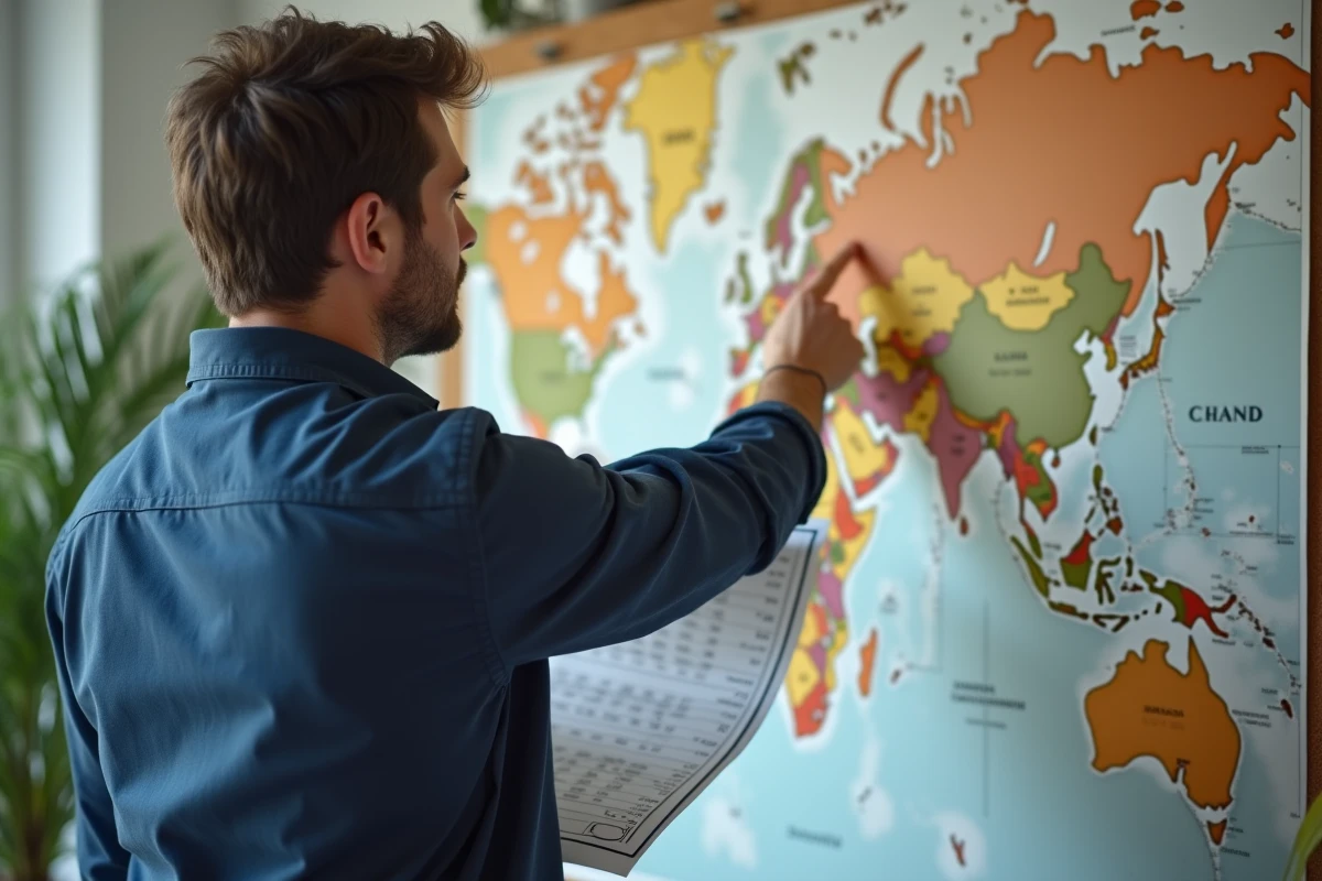 Homme pointant la Suisse sur une carte du monde avec une fiche des indicatifs téléphoniques internationaux dont le 41