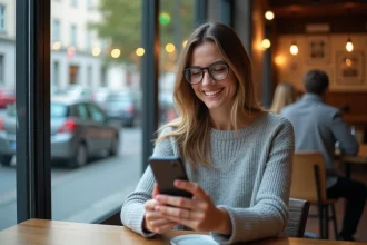 Femme consultant un numéro de téléphone commençant par l'indicatif +41 sur son smartphone dans un café suisse