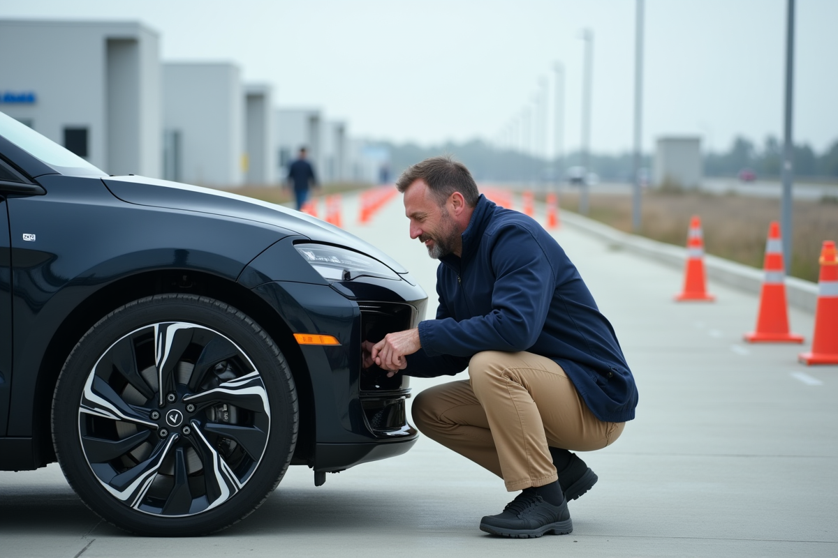 Ingénieur automobile vérifiant un véhicule autonome en extérieur