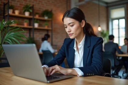 Femme professionnelle consultant le site alliance-sciences-societe.fr sur un ordinateur portable dans un espace de coworking moderne