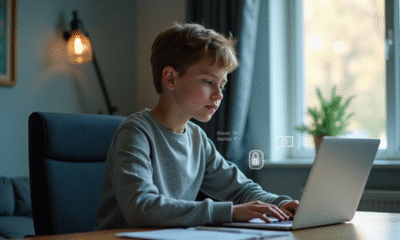 Jeune adulte utilisant un ordinateur avec interface ChatGPT dans un bureau lumineux