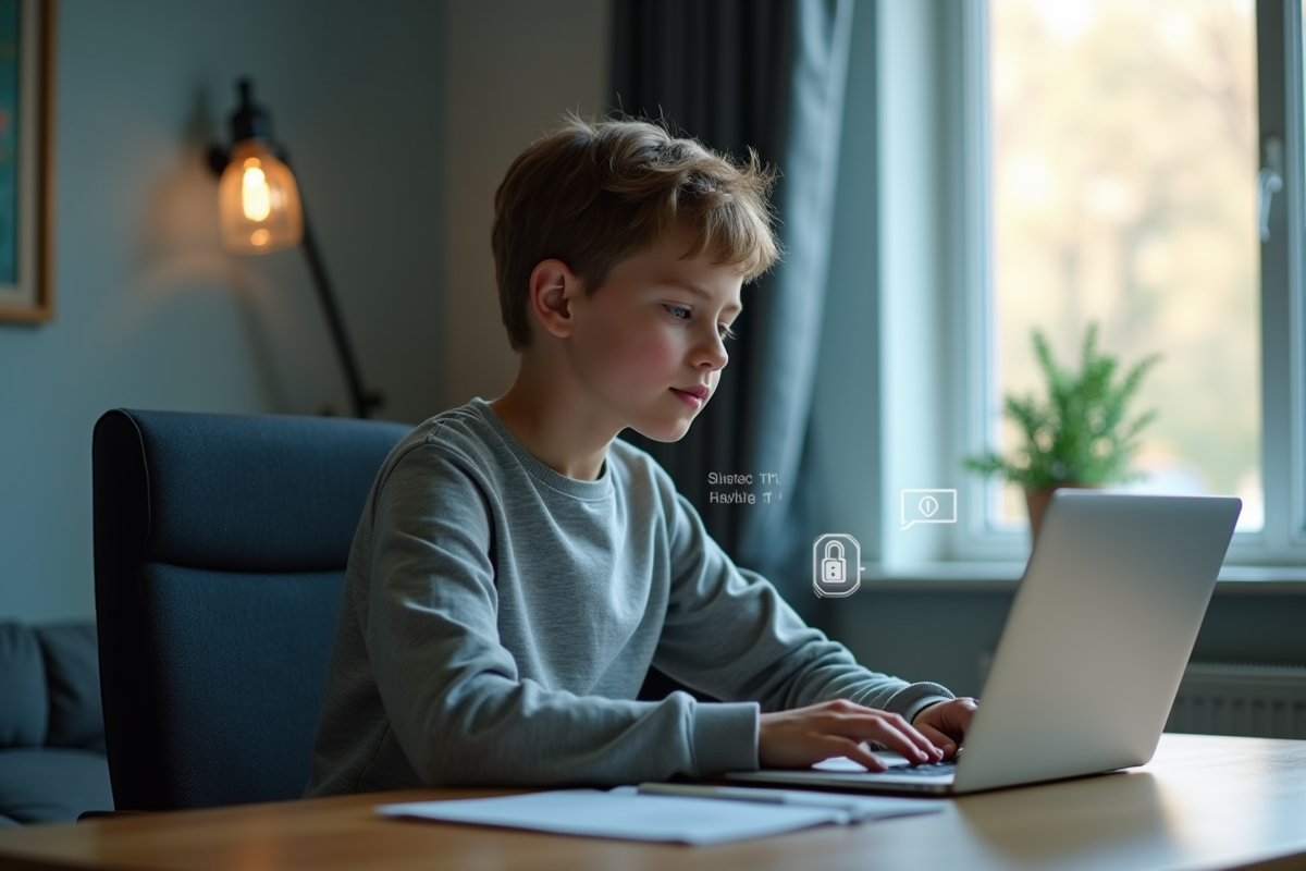 Jeune adulte utilisant un ordinateur avec interface ChatGPT dans un bureau lumineux