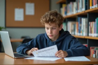 Jeune garçon étudiant avec liste des étoiles en bibliothèque