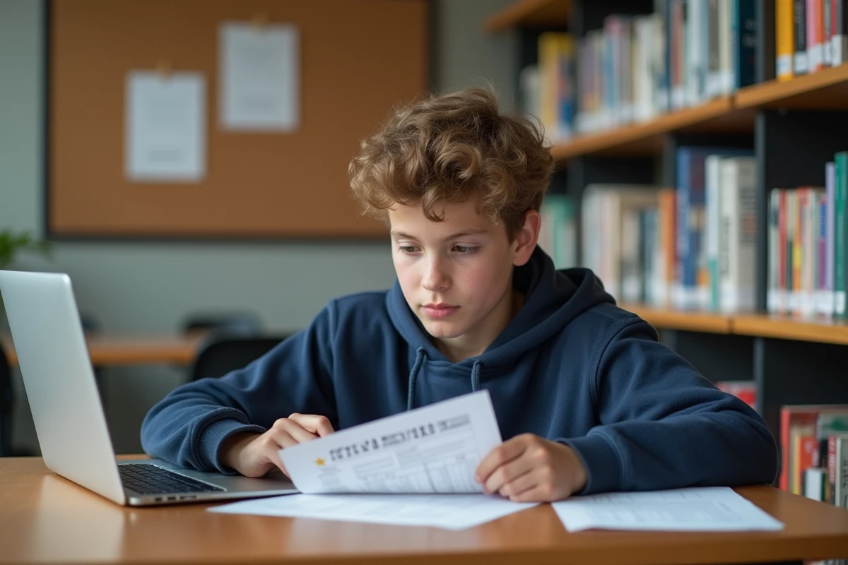 Jeune garçon étudiant avec liste des étoiles en bibliothèque