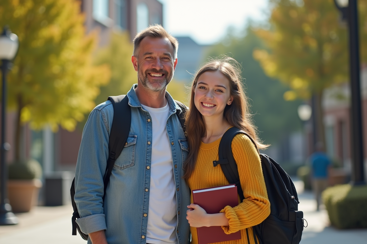 Jeune étudiant avec sac à dos et parents devant université