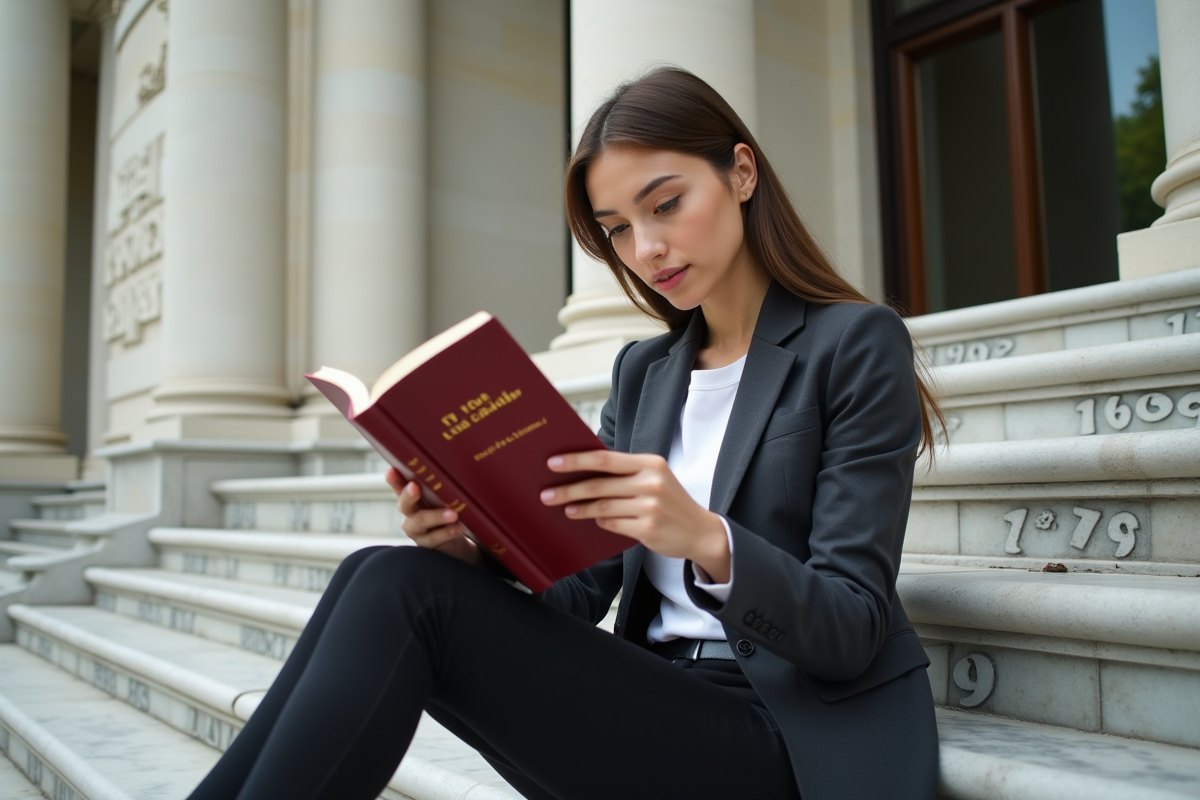 Jeune étudiante lisant un livre sur la Charte de l