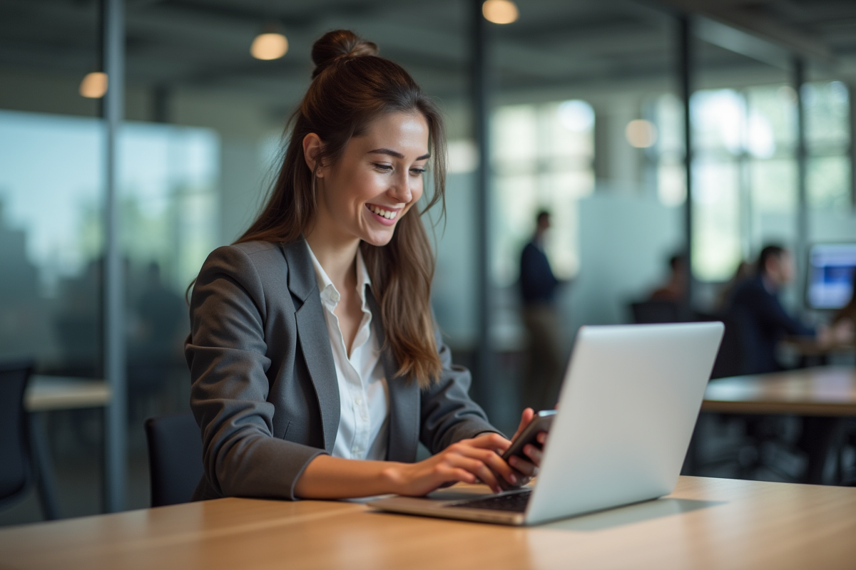 Jeune femme au bureau souriante utilisant son smartphone