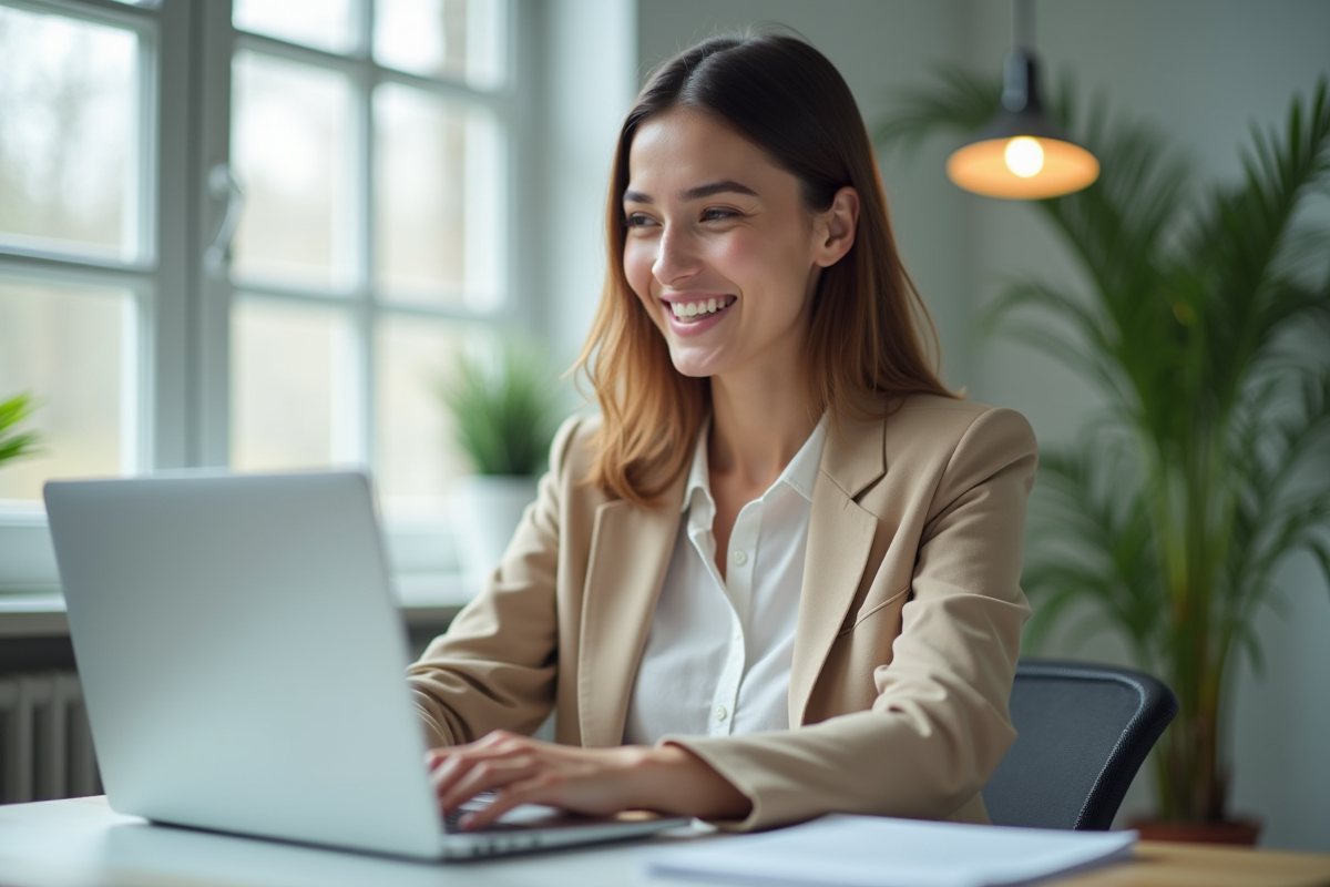 Jeune femme souriante au bureau en train de naviguer sur social media