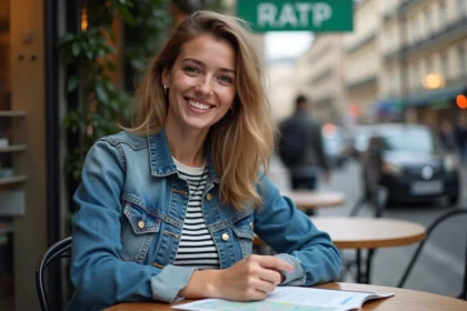 Jeune femme souriante dans un café parisien avec carte metro