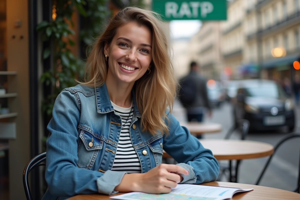 Jeune femme souriante dans un café parisien avec carte metro