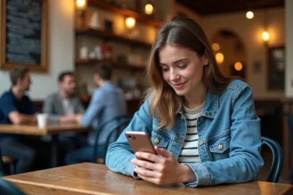 Jeune femme en café regardant son smartphone
