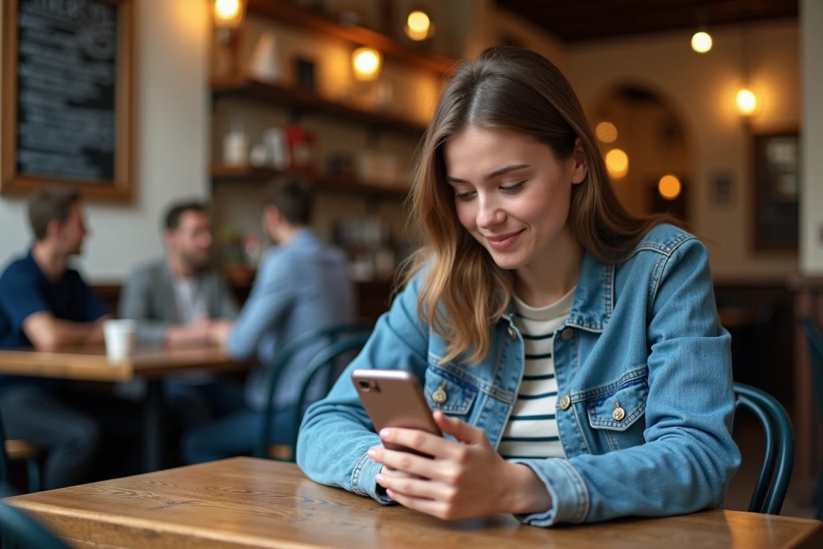 Jeune femme en café regardant son smartphone