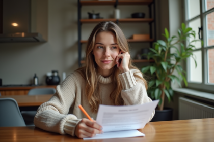 Jeune femme examine un contrat de location dans un appartement moderne