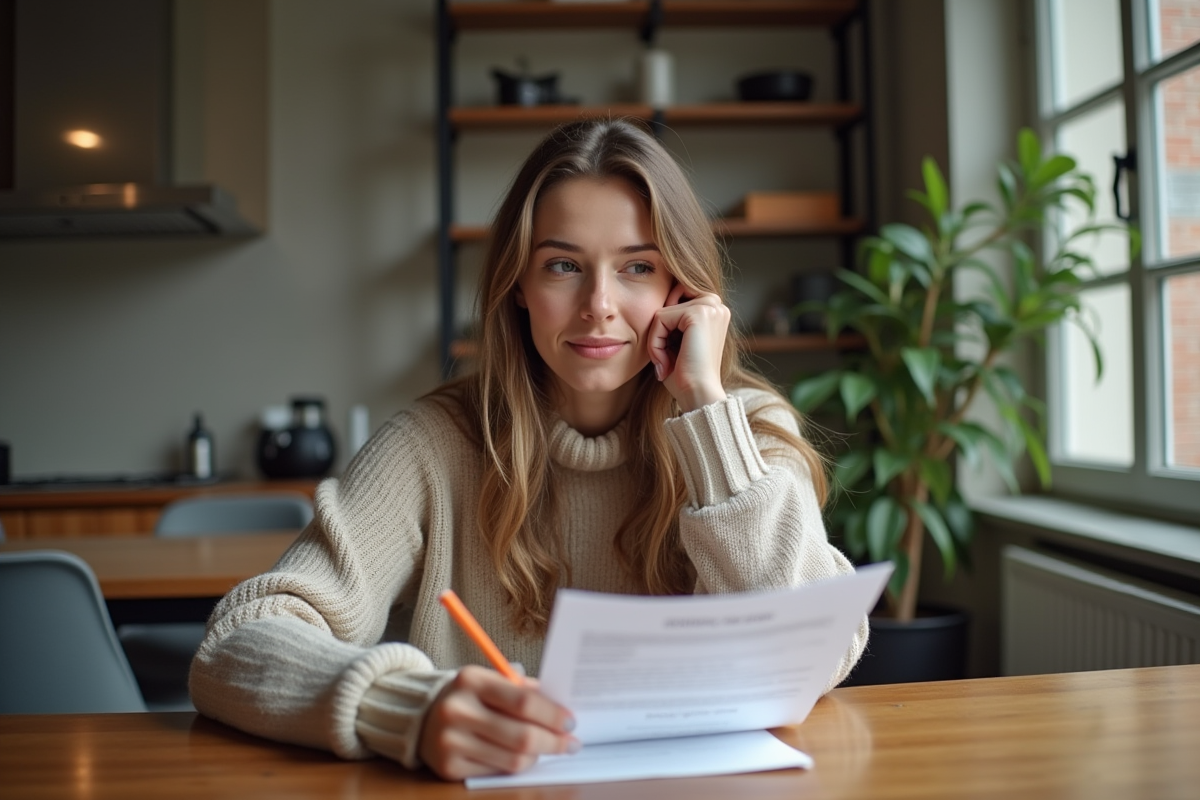 Jeune femme examine un contrat de location dans un appartement moderne