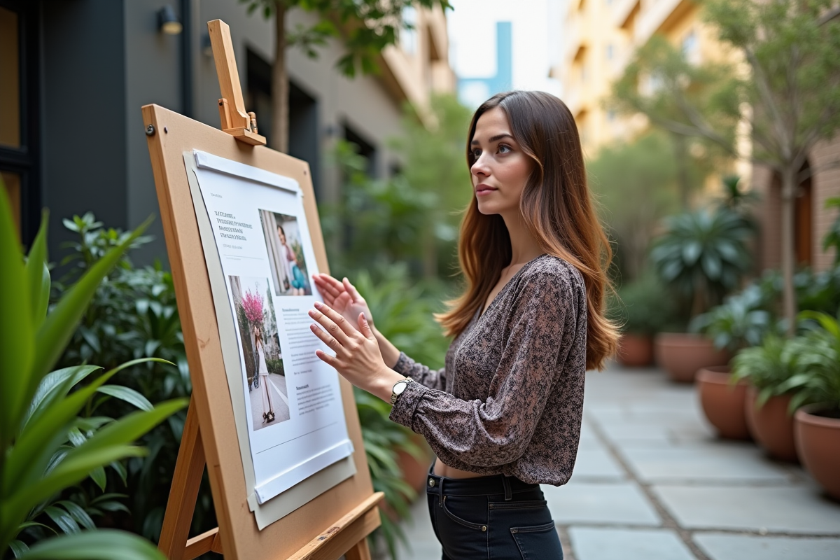 Jeune femme designer dans cour urbaine avec mood board