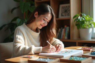 Jeune femme arrangeant des diamants en résine sur une toile