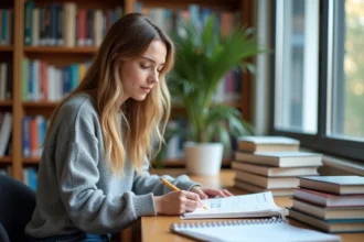 Jeune femme étudie un livre d'astres dans une bibliothèque lumineuse