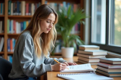 Jeune femme étudie un livre d'astres dans une bibliothèque lumineuse