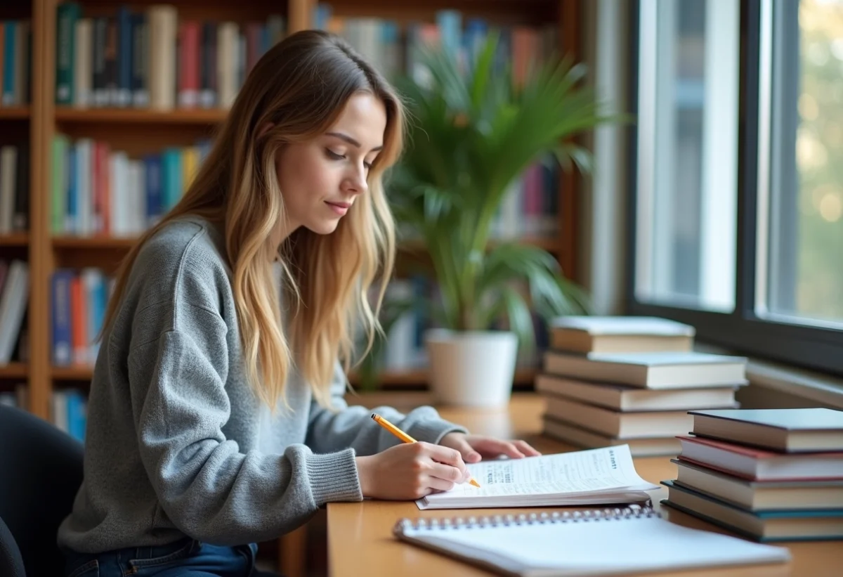 Jeune femme étudie un livre d'astres dans une bibliothèque lumineuse