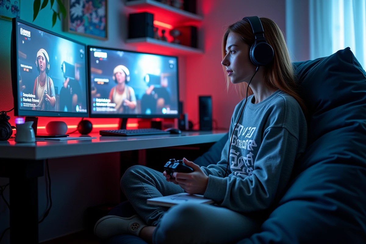 Jeune femme dans une salle de jeu suivant la conférence Summer Game Fest 2026 sur son PC avec un carnet de notes