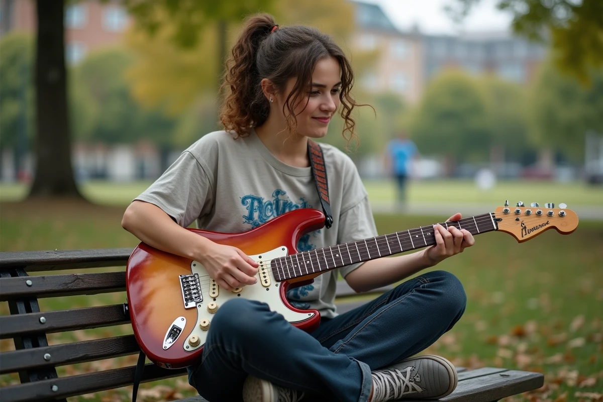 Jeune femme jouant un accord B7 sur une guitare électrique dans un parc urbain