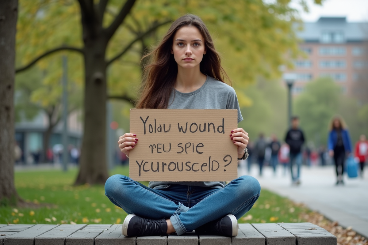 Jeune femme dans un parc tenant une pancarte sur l