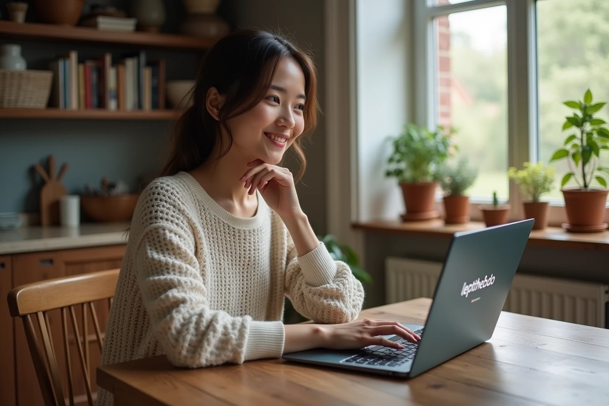 Jeune femme souriante utilisant un ordinateur dans la cuisine
