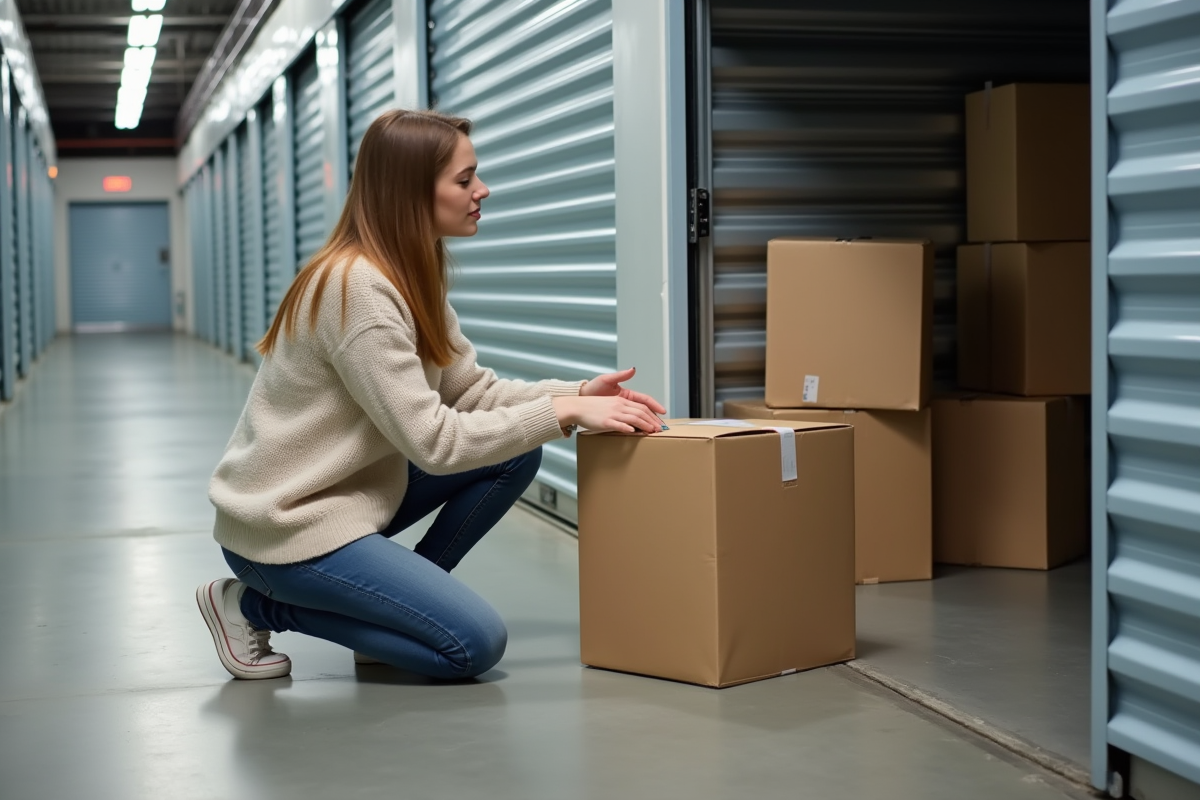 Jeune femme organisant des cartons dans un espace de stockage intérieur