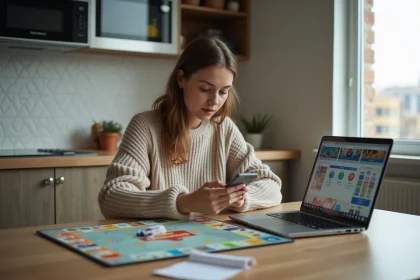 Jeune femme concentrée sur son smartphone à la maison