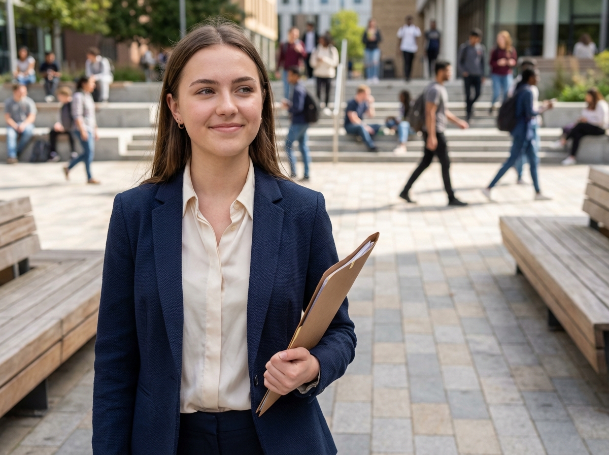 Jeune femme confiante dans une cour universitaire moderne