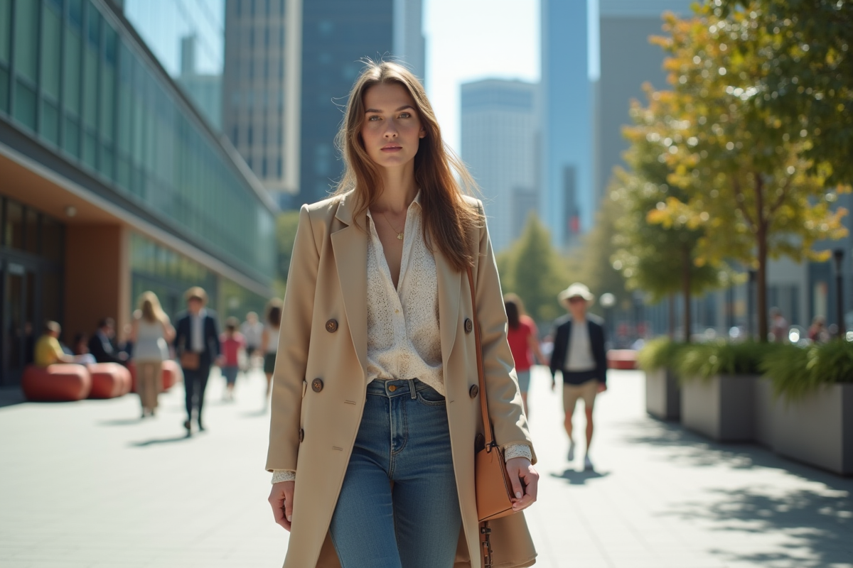 Jeune femme élégante marchant dans une place urbaine moderne