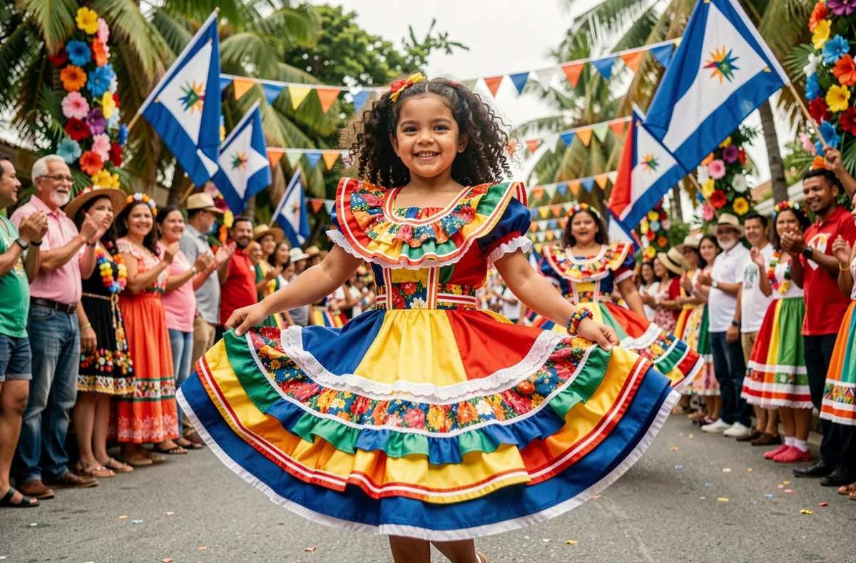 Jeune fille latina en robe traditionnelle portoricaine dansant lors d'un festival culturel hispanophone, représentant les origines et le patrimoine de Jennifer Lopez