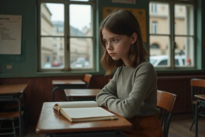 Jeune fille française assise à son bureau scolaire