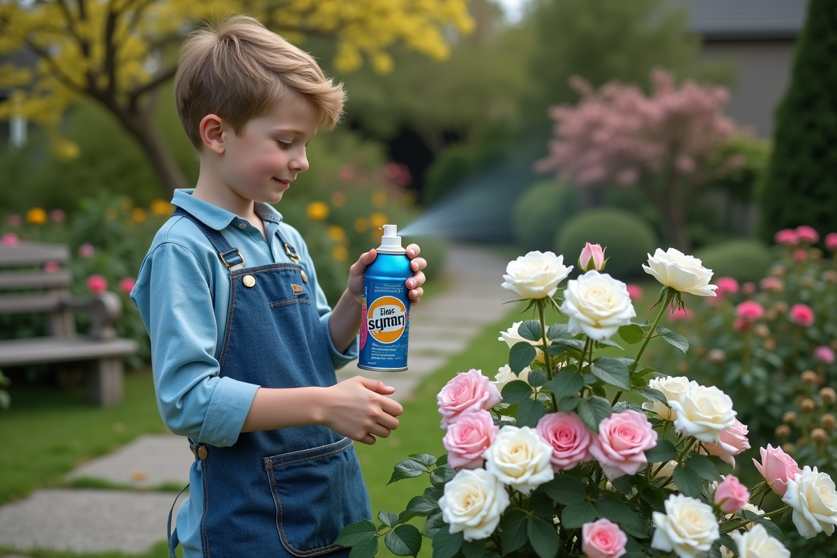 Jeune garçon vaporisant de la teinture sur des roses blanches