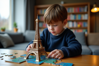 Jeune garçon assemble puzzle Eiffel Tower en intérieur