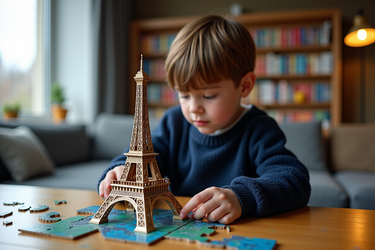 Jeune garçon assemble puzzle Eiffel Tower en intérieur