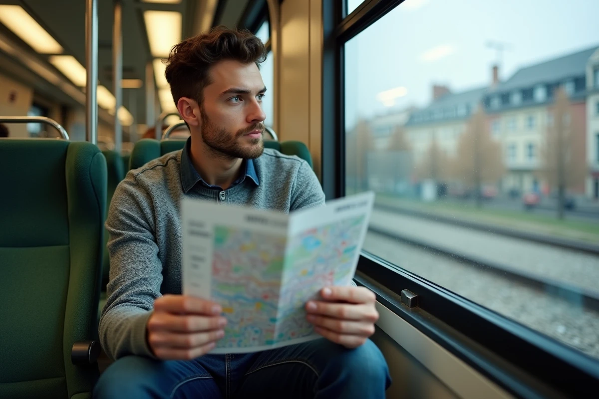 Jeune homme lisant la nouvelle carte RER 2026 dans un train de la région Île-de-France