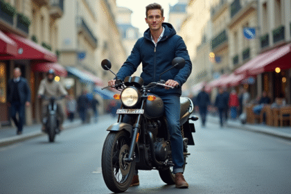 Jeune homme en moto urbaine dans une ville animée