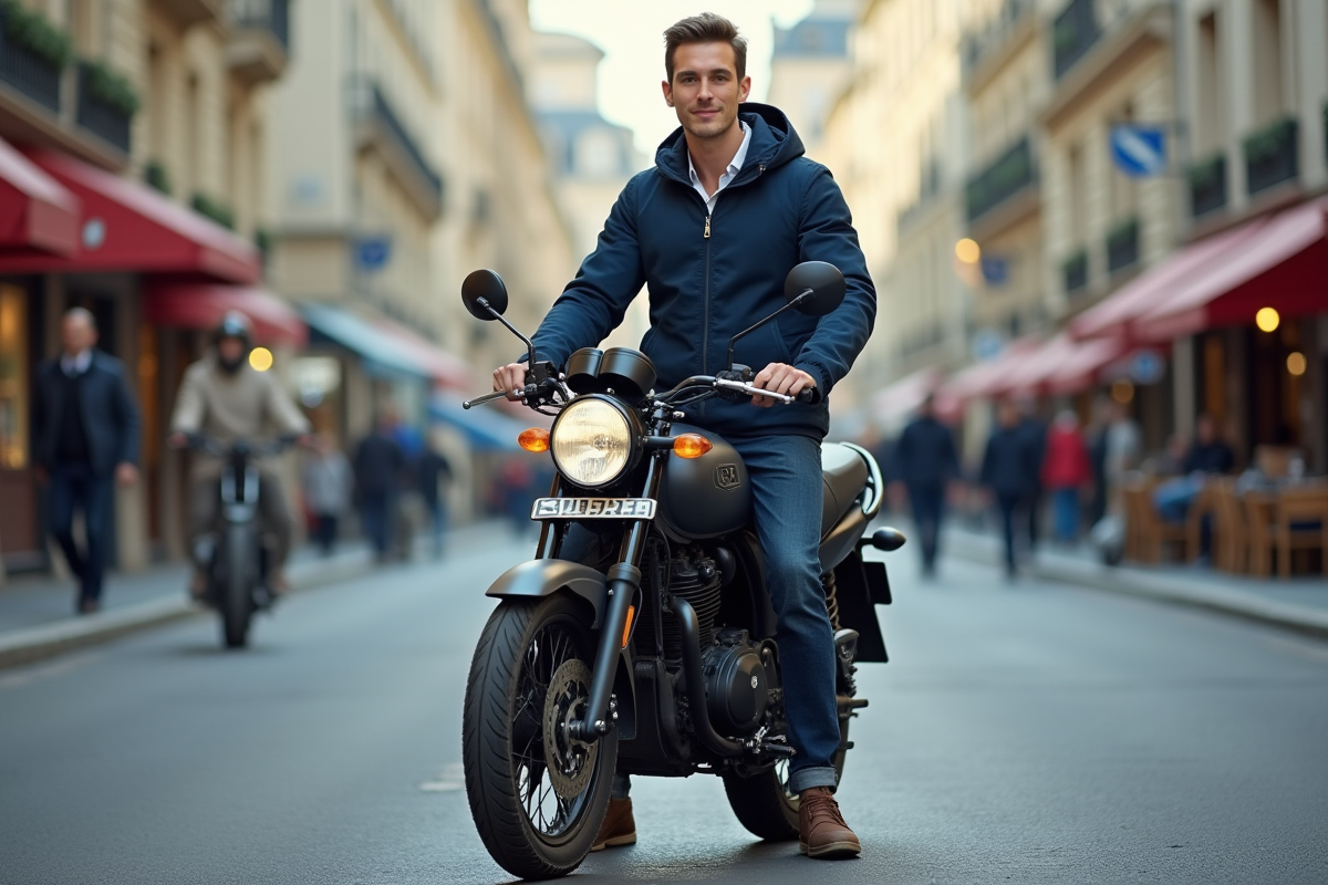 Jeune homme en moto urbaine dans une ville animée