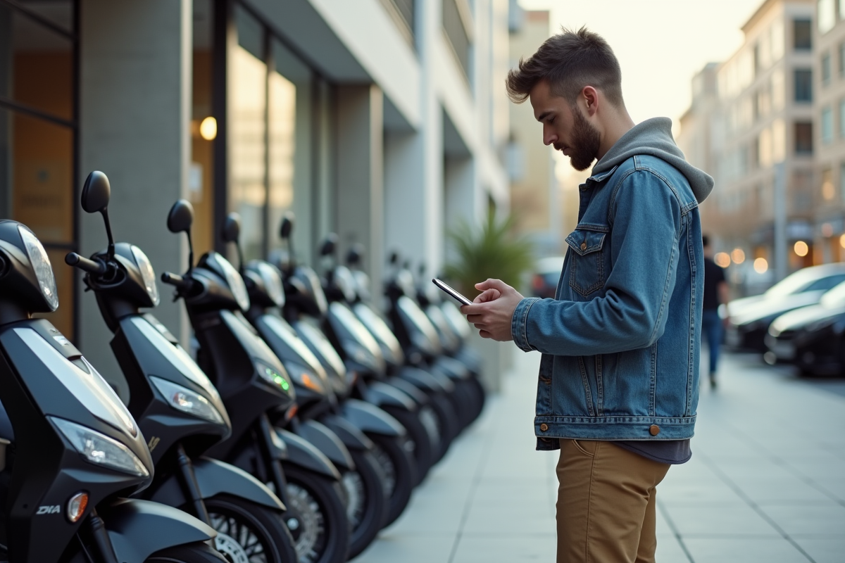Jeune homme examine des motos 2025 devant un concessionnaire